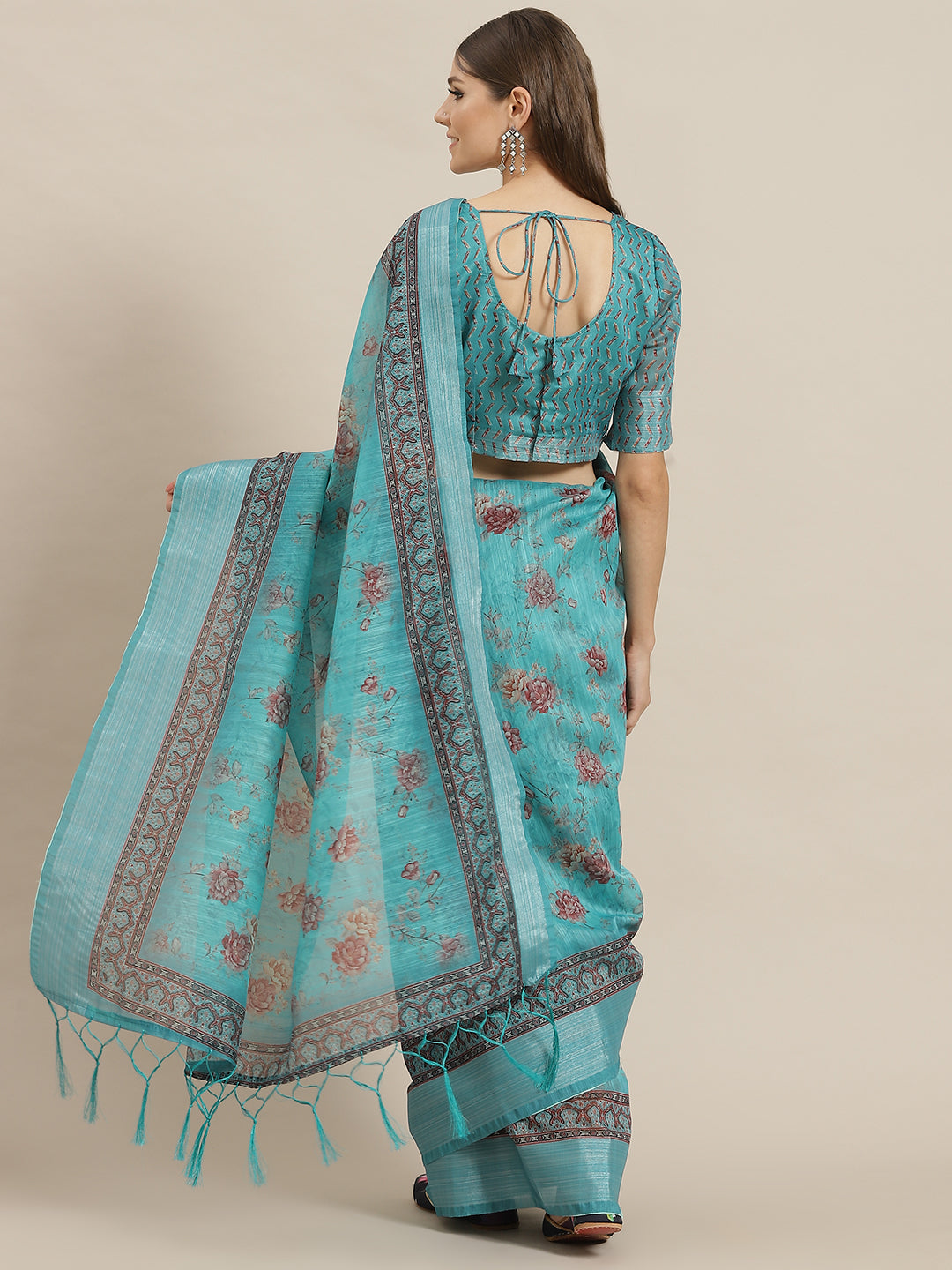 Women's Blue Floral Print Saree With Blouse Piece