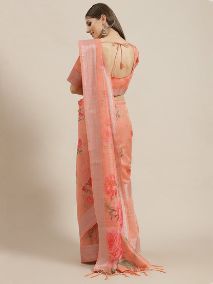 Women's Peach Floral Print Saree With Blouse Piece