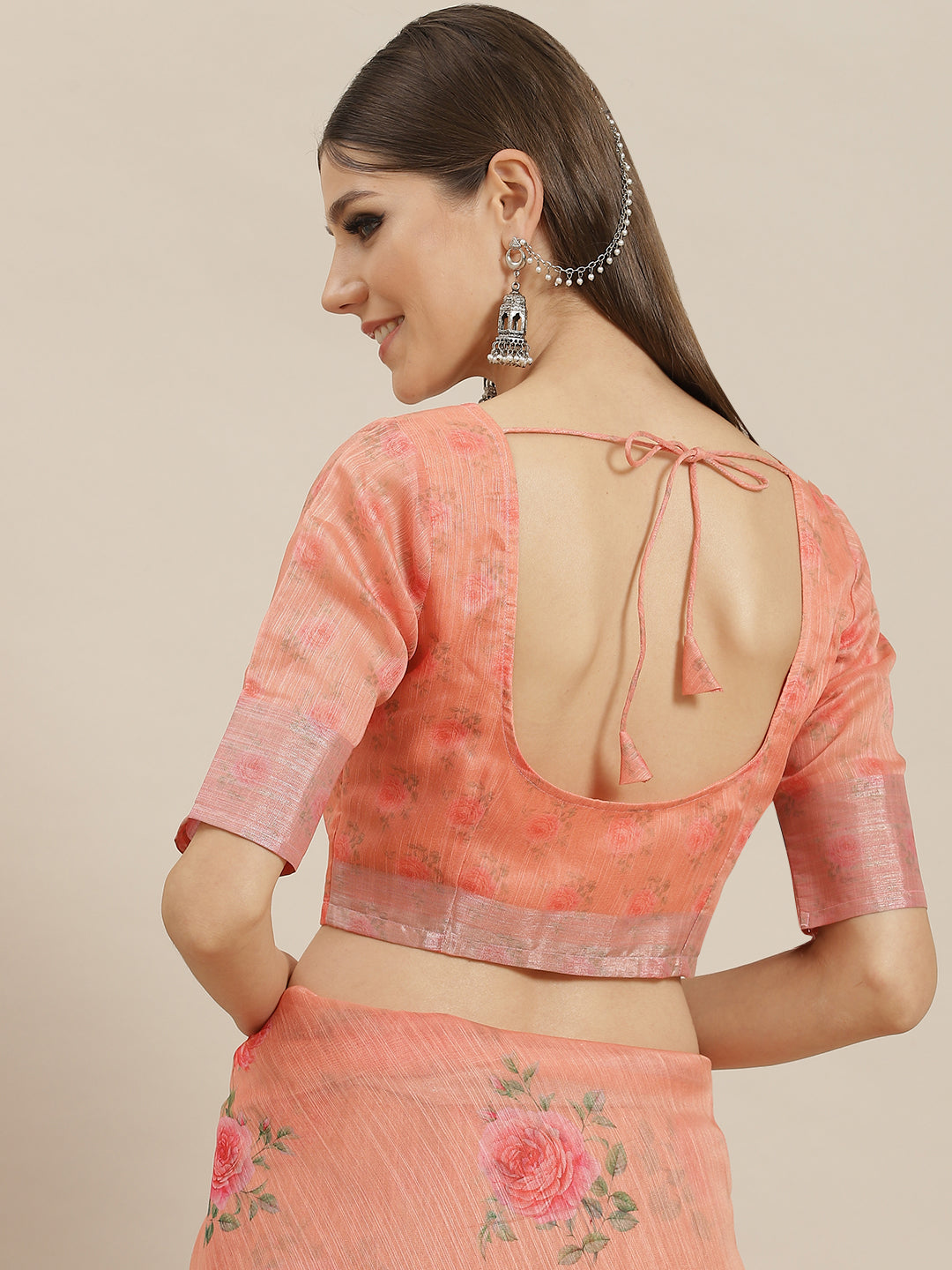 Women's Peach Floral Print Saree With Blouse Piece