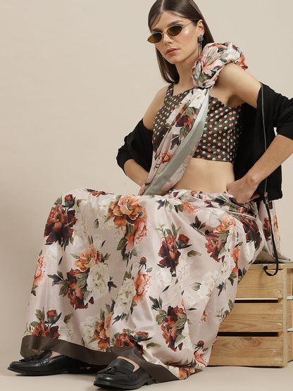 Women's Beige Floral Print Saree With Blouse Piece