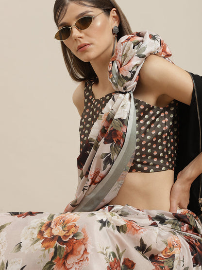 Women's Beige Floral Print Saree With Blouse Piece