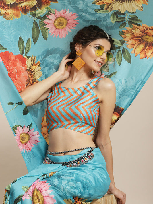 Women's Blue Floral Print Saree With Blouse Piece