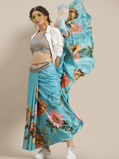 Women's Blue Floral Print Saree With Blouse Piece