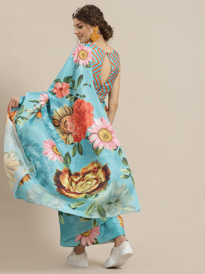 Women's Blue Floral Print Saree With Blouse Piece