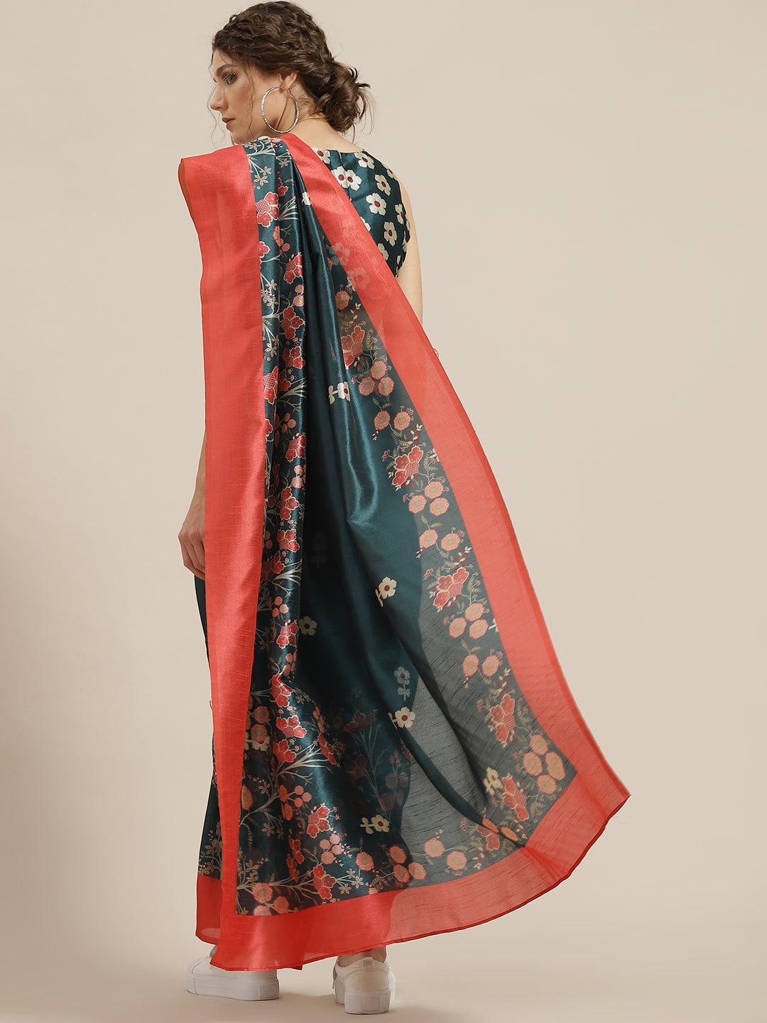 Women's Teal Green Floral Print Saree With Blouse Piece