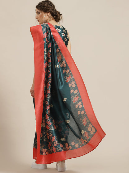 Women's Teal Green Floral Print Saree With Blouse Piece