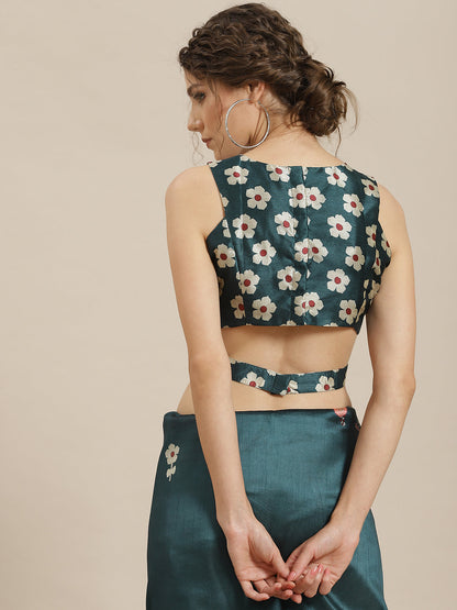Women's Teal Green Floral Print Saree With Blouse Piece