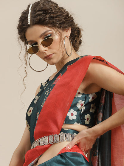 Women's Teal Green Floral Print Saree With Blouse Piece