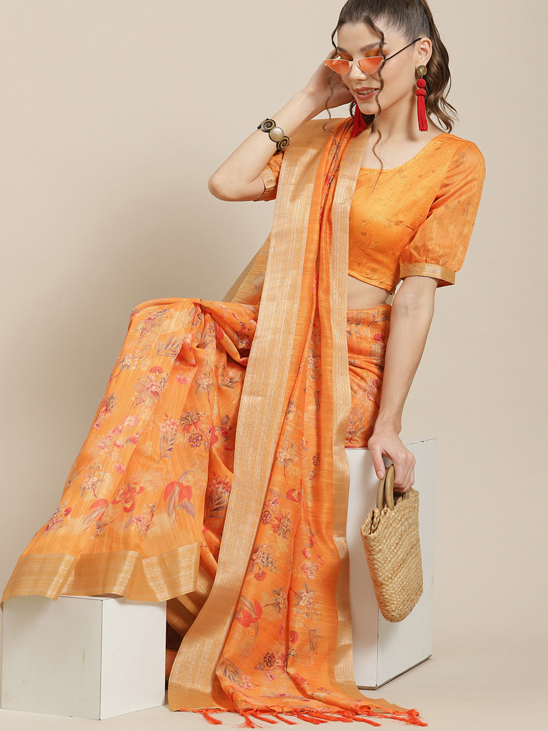 Women's Orange Floral Print Saree With Blouse Piece