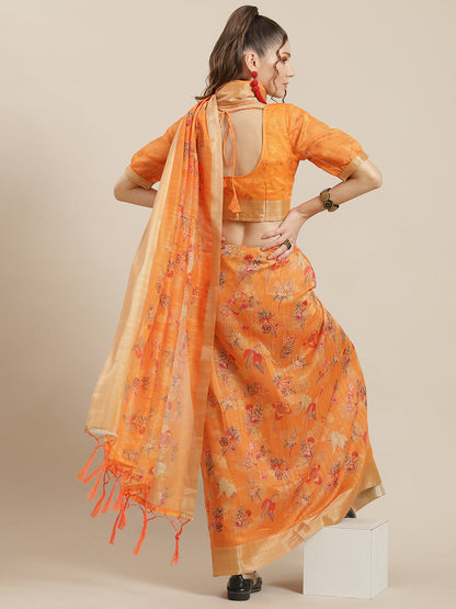 Women's Orange Floral Print Saree With Blouse Piece