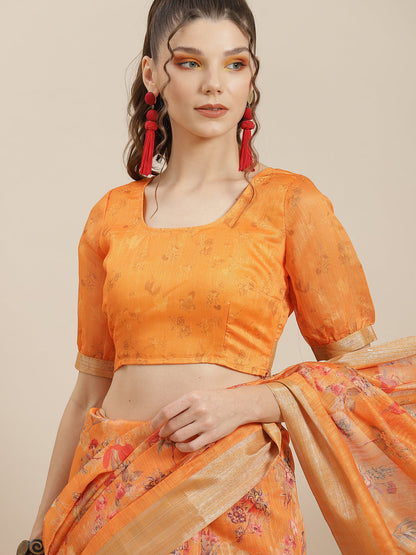 Women's Orange Floral Print Saree With Blouse Piece