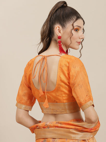 Women's Orange Floral Print Saree With Blouse Piece