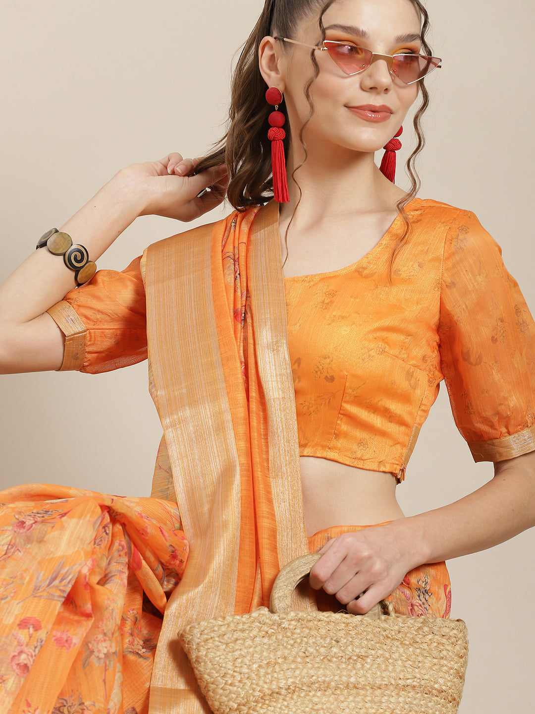 Women's Orange Floral Print Saree With Blouse Piece