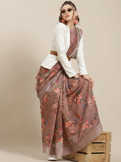 Women's Brown Floral Print Saree With Blouse Piece