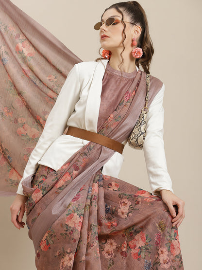 Women's Brown Floral Print Saree With Blouse Piece