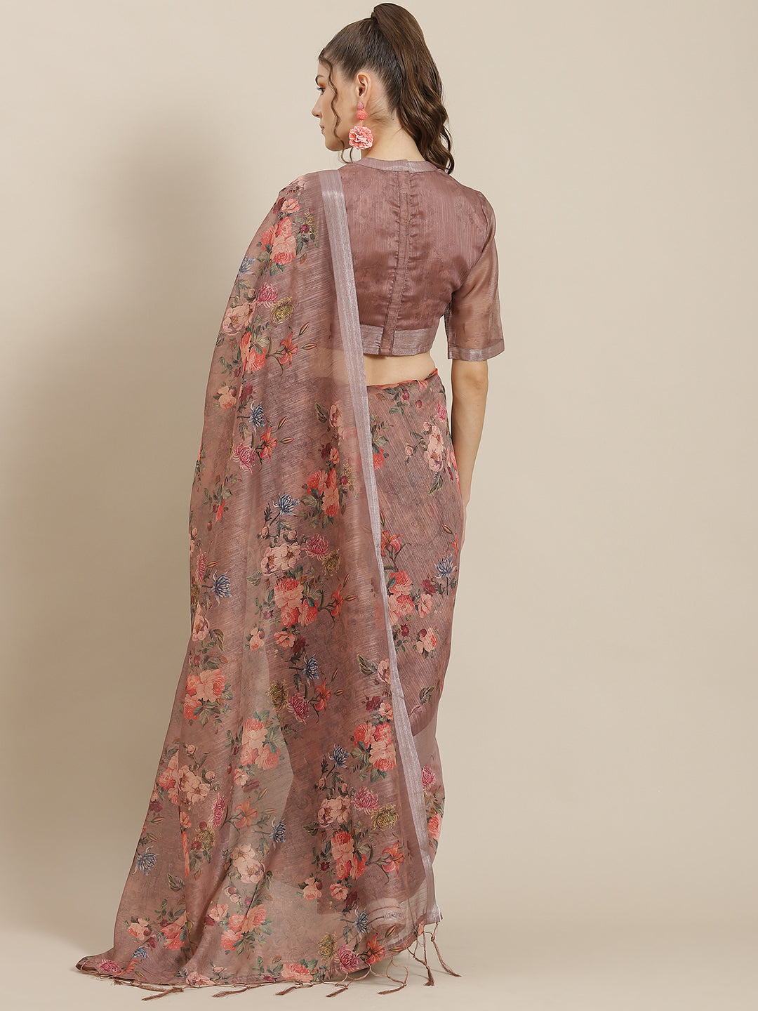 Women's Brown Floral Print Saree With Blouse Piece
