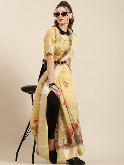 Women's Yellow Floral Print Saree With Blouse Piece