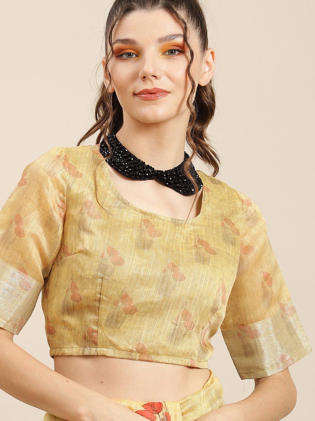 Women's Yellow Floral Print Saree With Blouse Piece