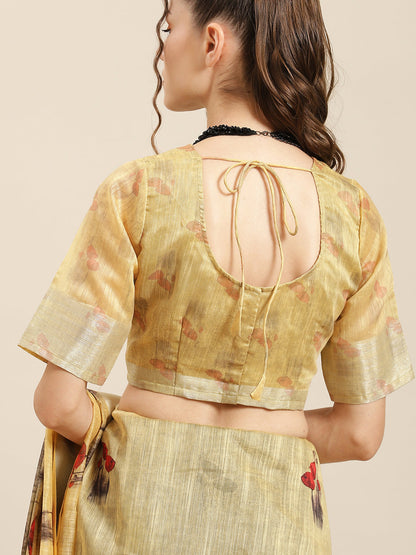 Women's Yellow Floral Print Saree With Blouse Piece