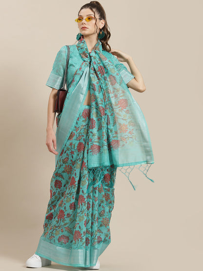 Women's Blue Floral Print Saree With Blouse Piece