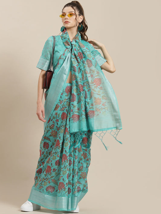 Women's Blue Floral Print Saree With Blouse Piece