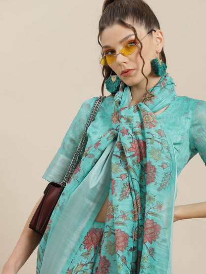 Women's Blue Floral Print Saree With Blouse Piece