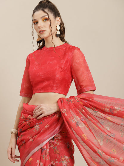 Women's Red Floral Print Saree With Blouse Piece