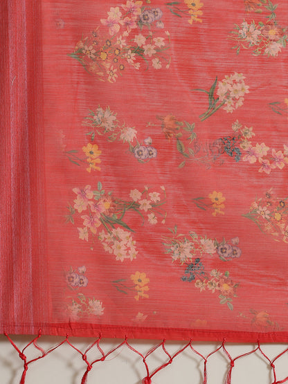 Women's Red Floral Print Saree With Blouse Piece