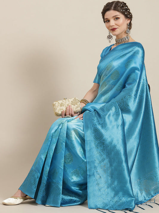 Women's Blue Gold Zari Work Banarasi Jacquard Saree With Blouse Piece
