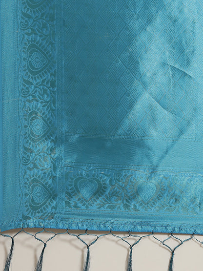 Women's Blue Gold Zari Work Banarasi Jacquard Saree With Blouse Piece