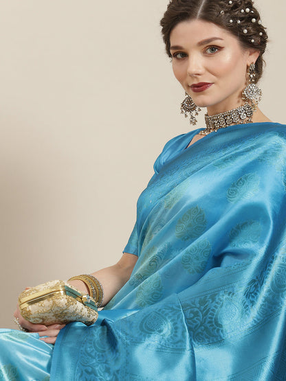 Women's Blue Gold Zari Work Banarasi Jacquard Saree With Blouse Piece