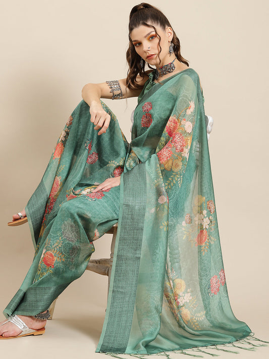 Women's Green Floral Print Organza Saree With Blouse Piece