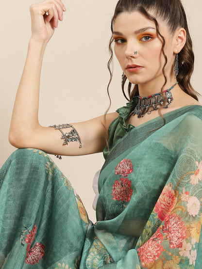Women's Green Floral Print Organza Saree With Blouse Piece