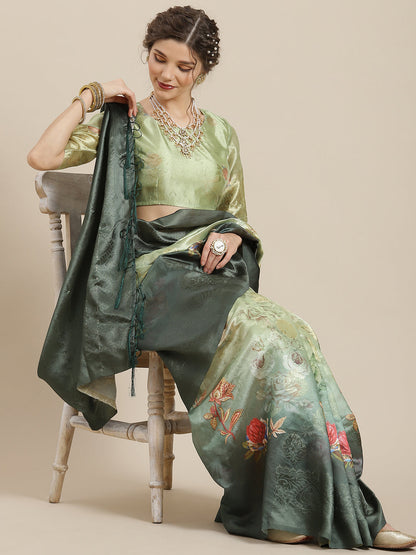 Women's Green Floral Print Banarasi Jacquard Saree With Blouse Piece