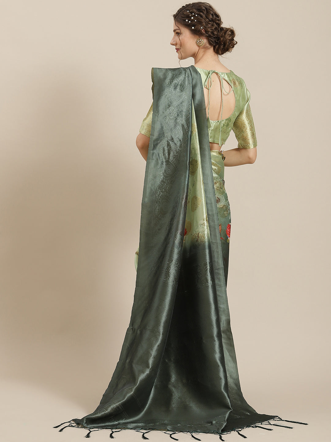 Women's Green Floral Print Banarasi Jacquard Saree With Blouse Piece