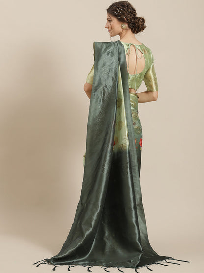 Women's Green Floral Print Banarasi Jacquard Saree With Blouse Piece