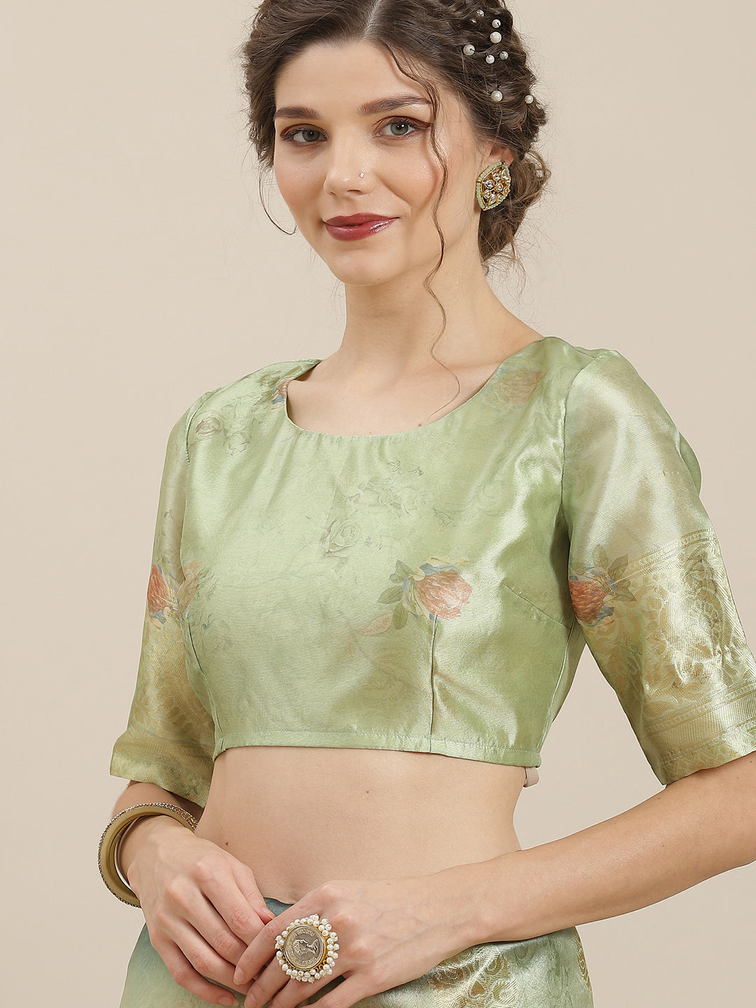 Women's Green Floral Print Banarasi Jacquard Saree With Blouse Piece