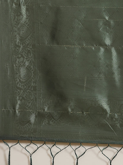 Women's Green Floral Print Banarasi Jacquard Saree With Blouse Piece