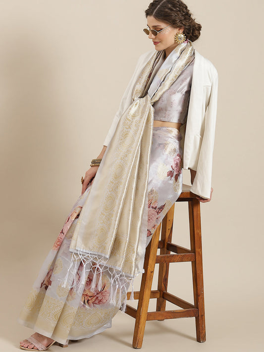 Women's Grey  Floral Print Banarasi Jacquard Saree With Blouse Piece