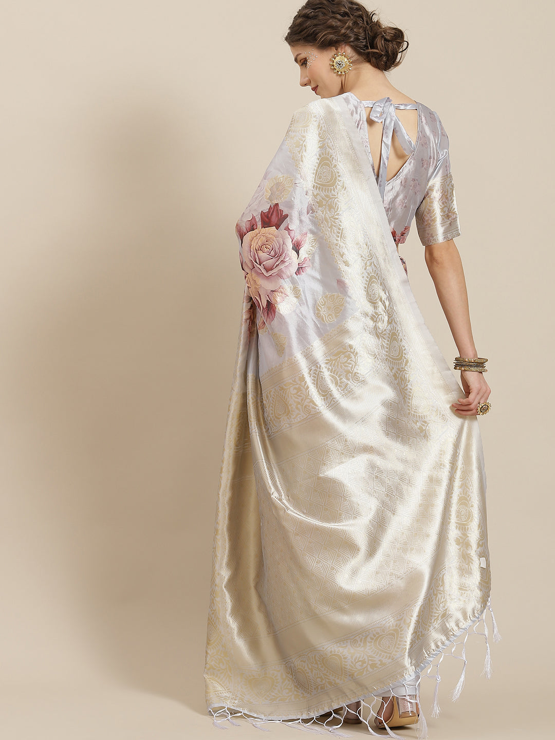 Women's Grey  Floral Print Banarasi Jacquard Saree With Blouse Piece