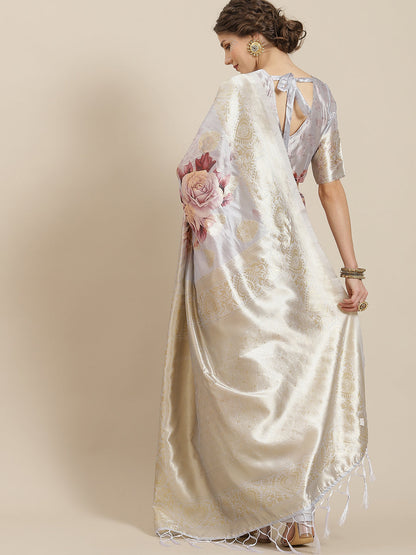Women's Grey  Floral Print Banarasi Jacquard Saree With Blouse Piece