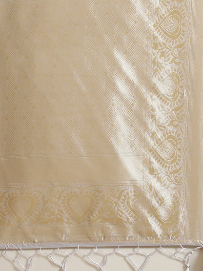 Women's Grey  Floral Print Banarasi Jacquard Saree With Blouse Piece