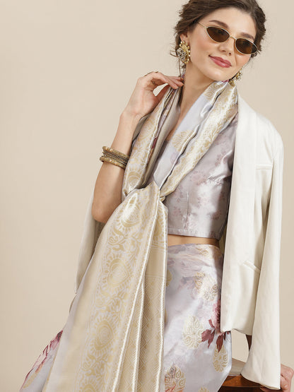 Women's Grey  Floral Print Banarasi Jacquard Saree With Blouse Piece