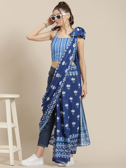 Women's Blue Floral Print Saree With Blouse Piece