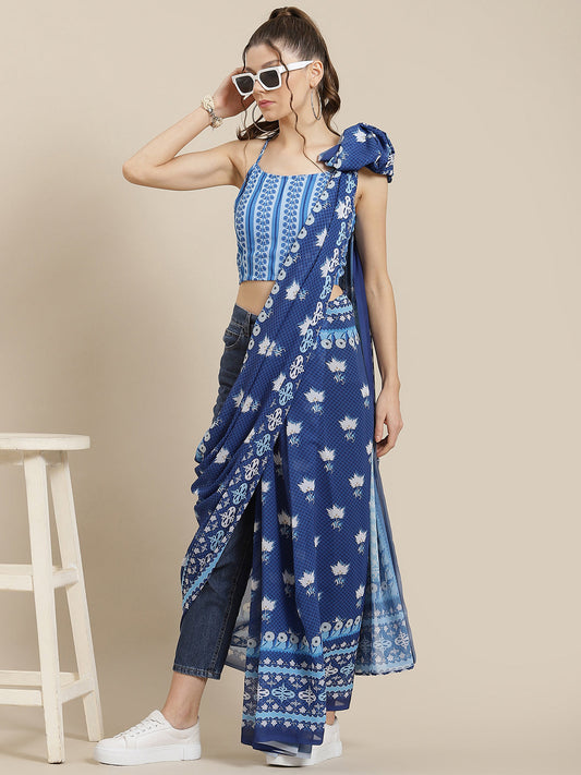 Women's Blue Floral Print Saree With Blouse Piece