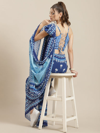 Women's Blue Floral Print Saree With Blouse Piece