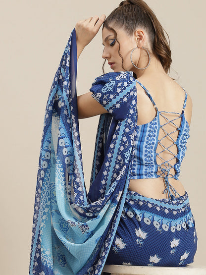 Women's Blue Floral Print Saree With Blouse Piece