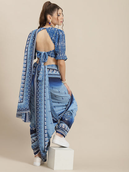 Women's Blue Floral Print Saree With Blouse Piece