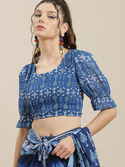 Women's Blue Floral Print Saree With Blouse Piece
