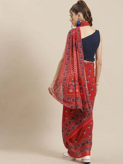 Women's Red & Blue Floral Print Saree With Blouse Piece
